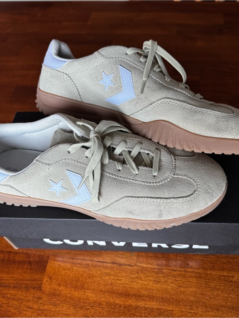 Converse Men’s Beige Suede Sneakers with Light Blue Accents